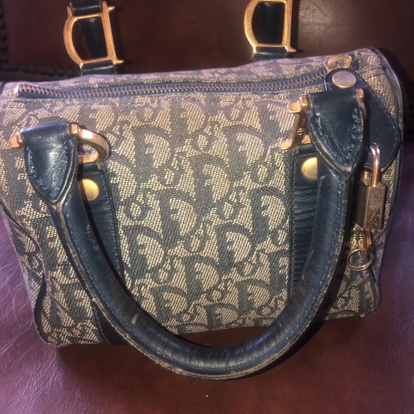 Christian Dior] Blue Logo Denim Leather Boston bag with lock + key - Picture 8 of 16